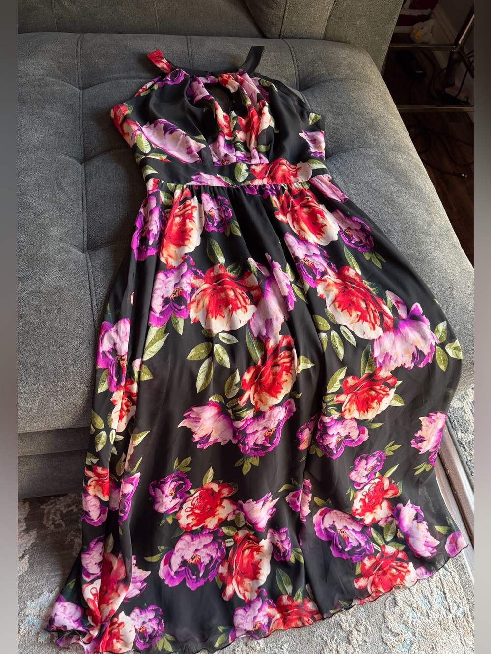 INC International Concepts Black Maxi dress with Pink & Red Floral Print